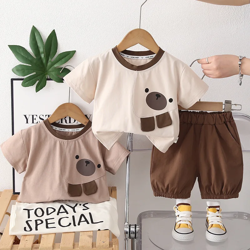 

Summer Baby Boys' 2Pcs Outfit Set Cute Bear Print Short Sleeve T-Shirt & Shorts Casual Cotton Clothing for Toddlers Daily Wear