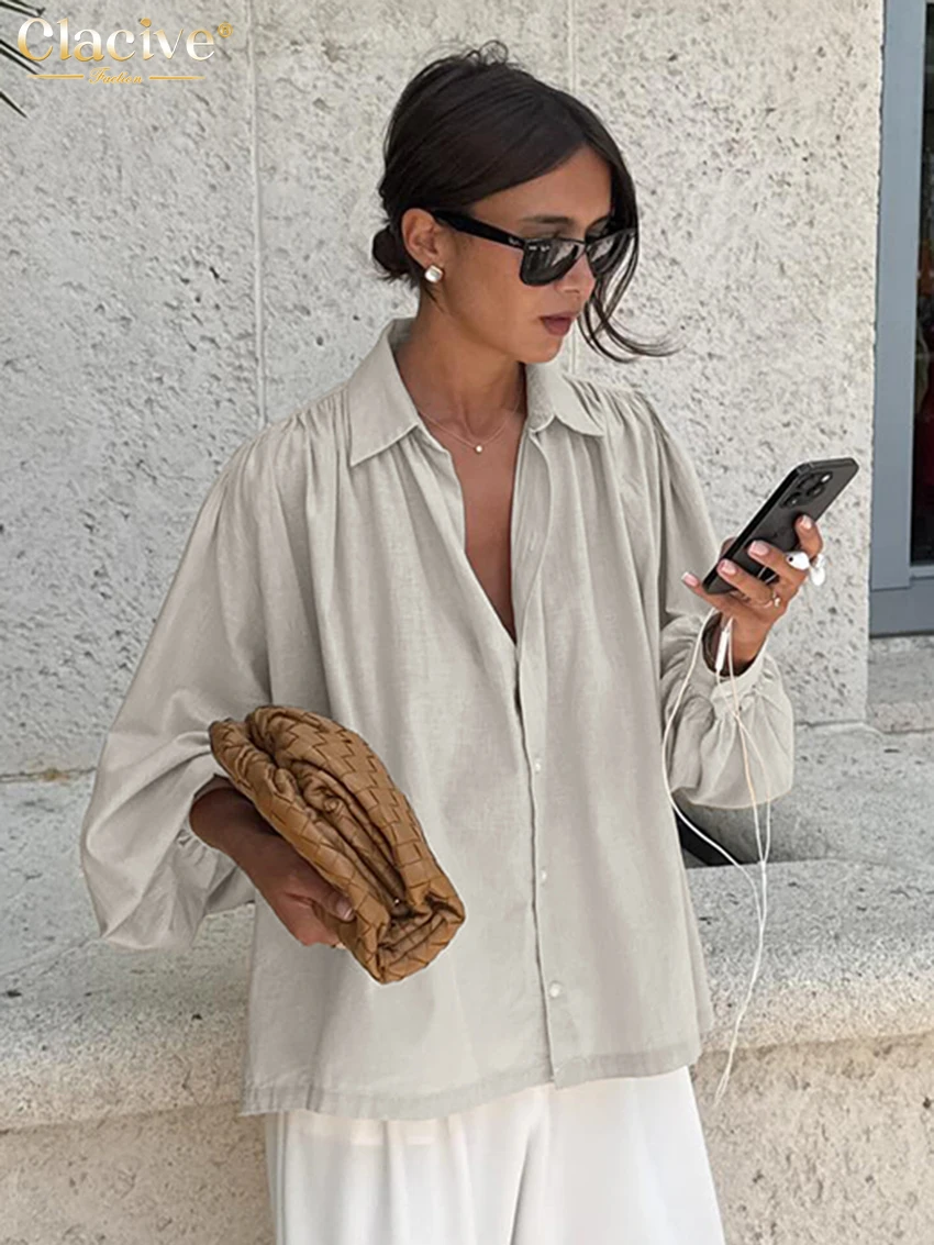 Clacive Fashion Loose Khaki Cotton Women's Blouse 2025 Casual Lapel Long Sleeve Shirt Elegant Classic Solid Tops Female Clothing