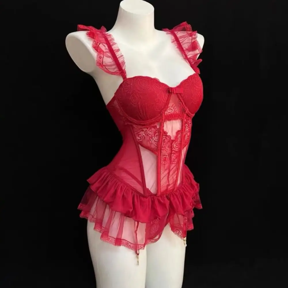 

Pajamas Bow Flower Lace Nightgown Transparent Women Lingerie Camisole Nightwear Ruffle Sweet Mesh Nightdress Home