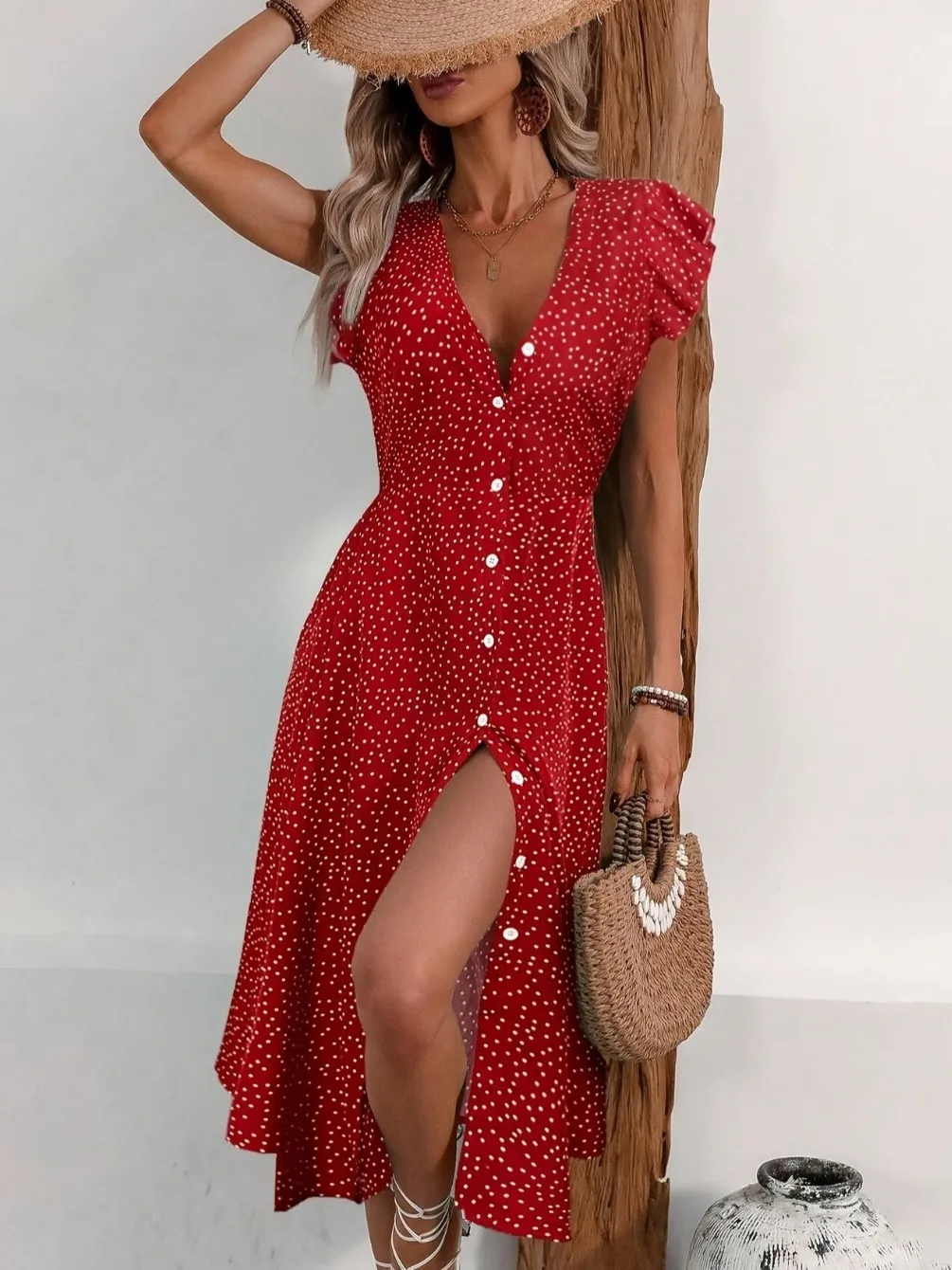 Faionable V-Ne Floral Print ort Sve Midi Dr Button Detail Saumrock Weiche, bequeme Polyesterfaser l W...