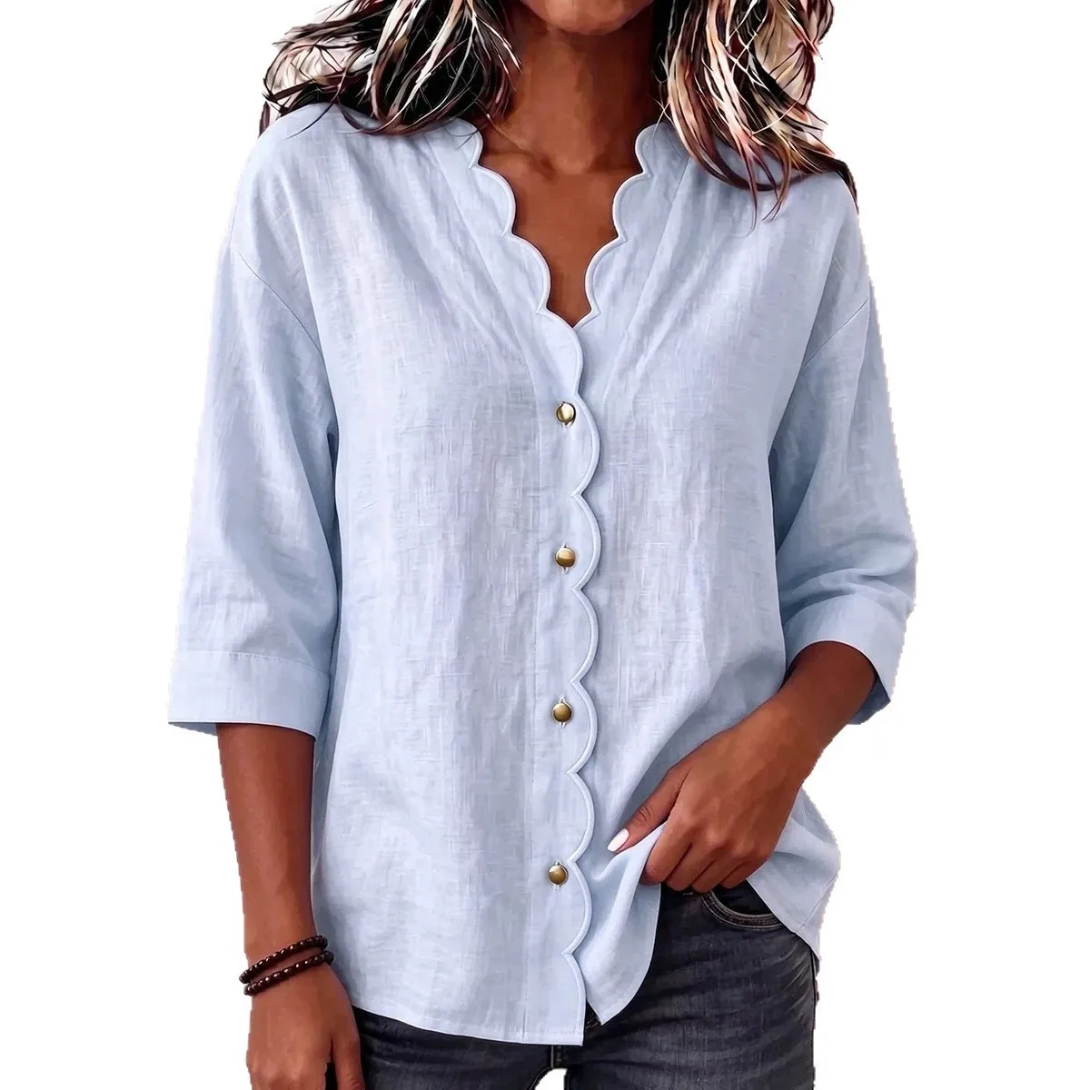 Women's Blouse Solid Color V Neck Women's Summer Clothes Blouses 3/4 Sleeve Button Front Top Pink Loose Fit Scallop Neckline