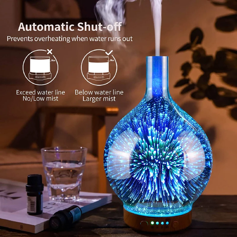 3D Fireworks Glass USB Air Humidifier and 7-Color LED Night Light Aromatic Oil Diffuser Cold Mist Fireworks Aromatherapy Machine