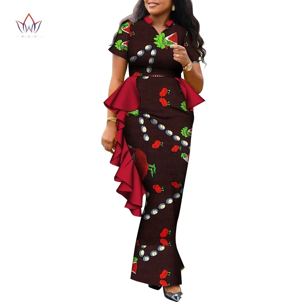 

BRW African Dresses for Women Dashiki Nigeria Traditional Wedding Dress Bazin Riche Africa Wax Dress Short Sleeve WY967