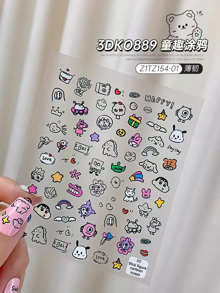 

1 Sheet Nail Art Kuromi Melody Simple Crayon New Small Dinosaur Animal Cute Cartoon Girl with Glue Nail Sticker