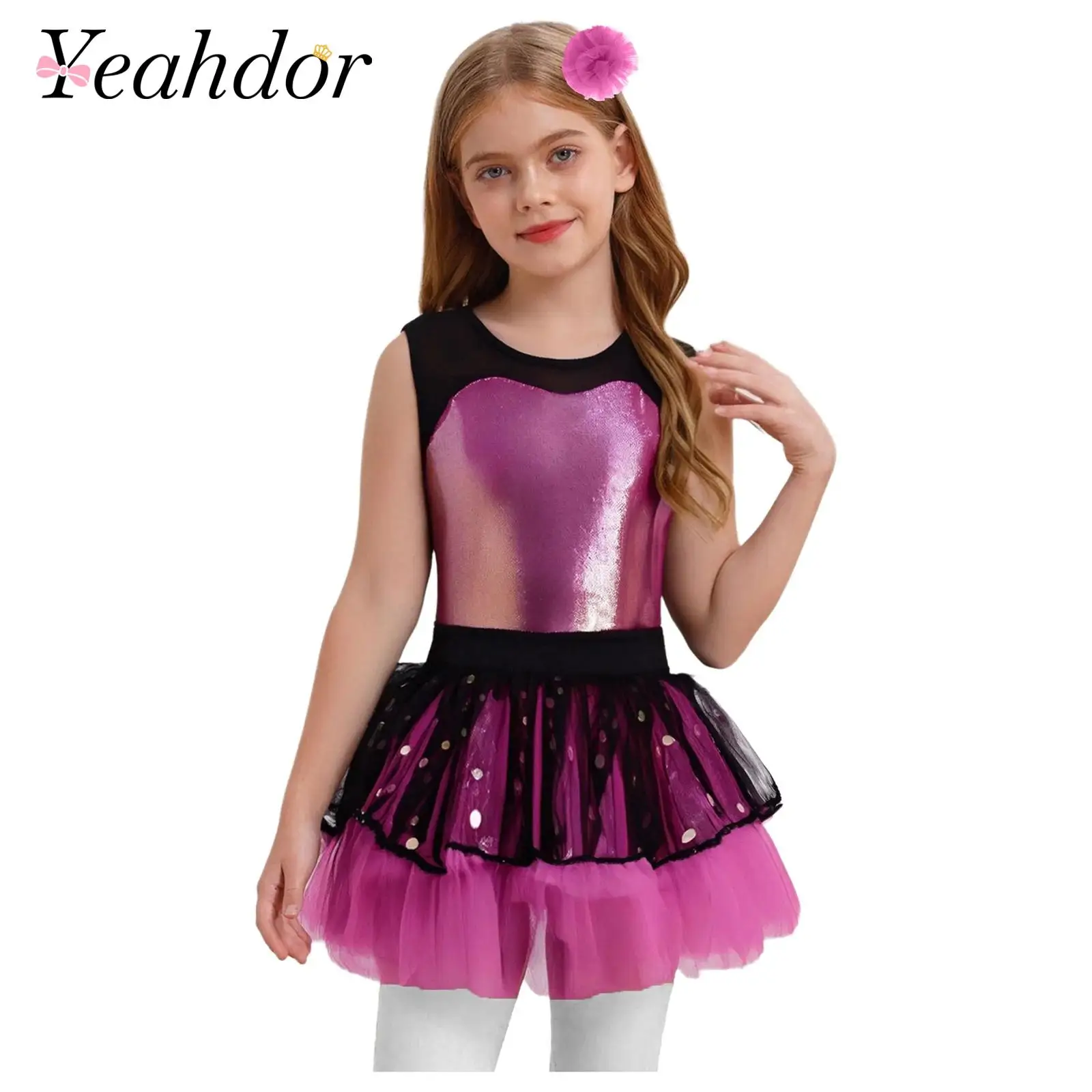 

Girls Metallic Tutu Dress Kids Birthday Party Gown Childrens Dance Outfits Dress with Headwear for Stage Performance Costume