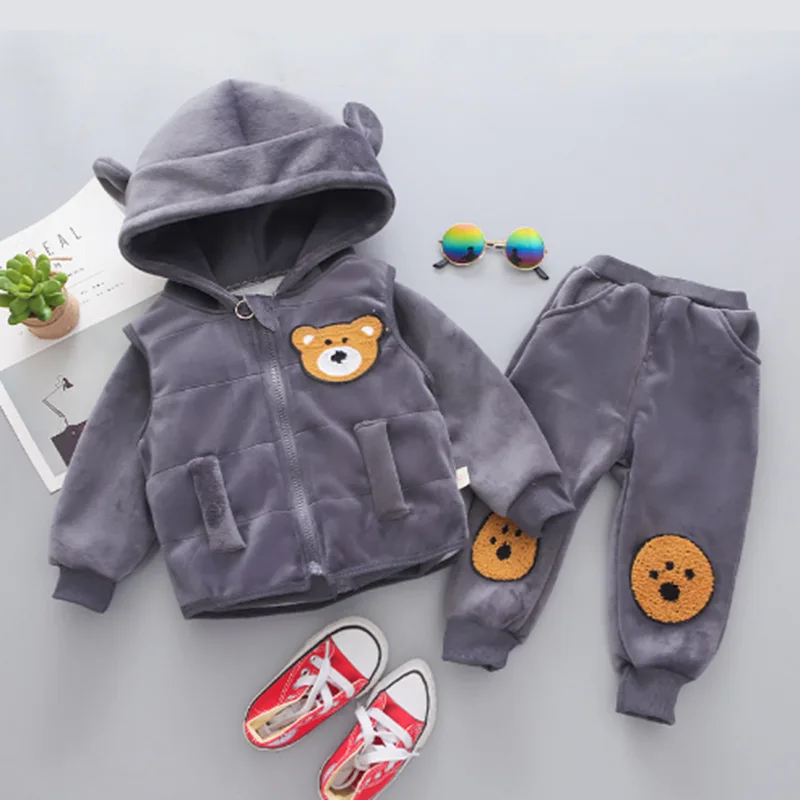 1 2 3 4 Years Winter Baby Boys Clothing Sets Cartoon Bear Keep Warm Coat + Hooded Zipper Vest And Pants Girls Suits Kids Clothes