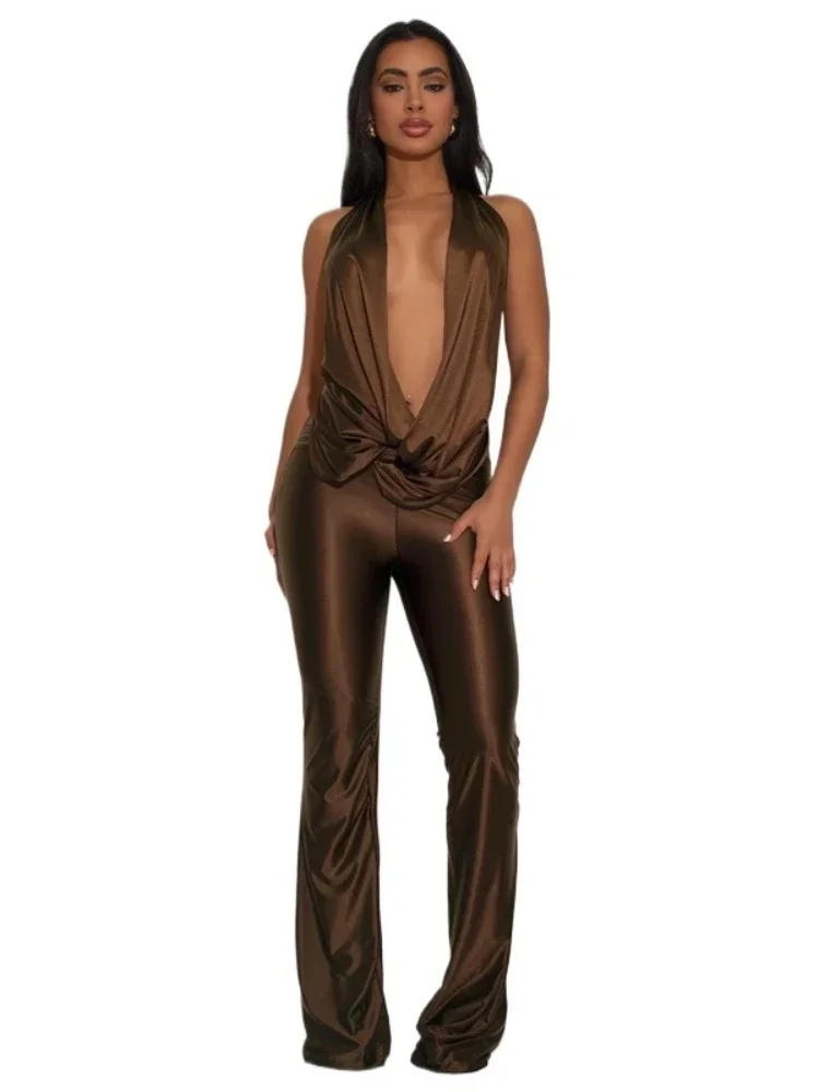 Elegant Sexy Halter One Piece Jumpsuit V-neck Sleeveless Ruched Backless Women's Club Party Romper Midnight Color