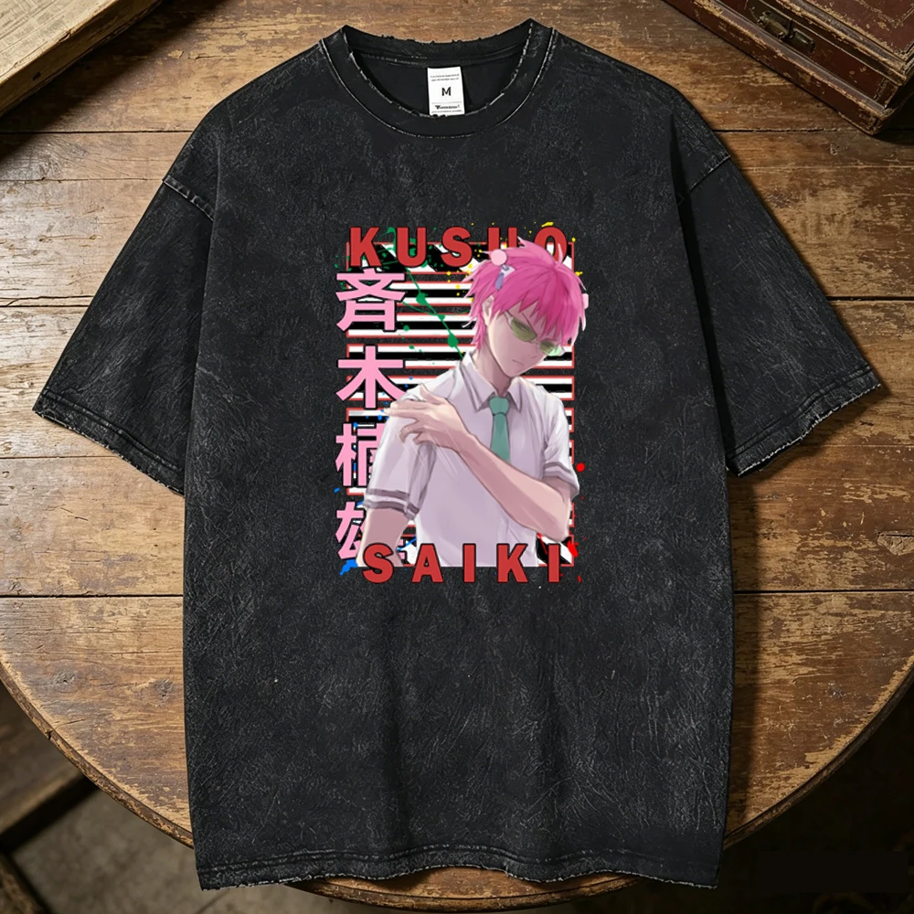 Saiki k cotton Vintage Washed shirt teen 80s Graphic Trendy harajuku  2000s t shirt streetwear Retro anime Grunge Vintage 2000s
