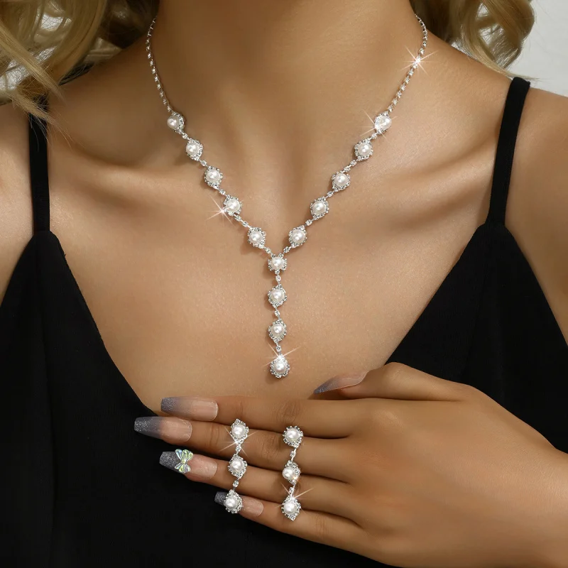

European and American Cross-Border Simple Fashion Women's Necklace Pearl Set Rhinestone Creative Personality Jewelry Bridal Jewe