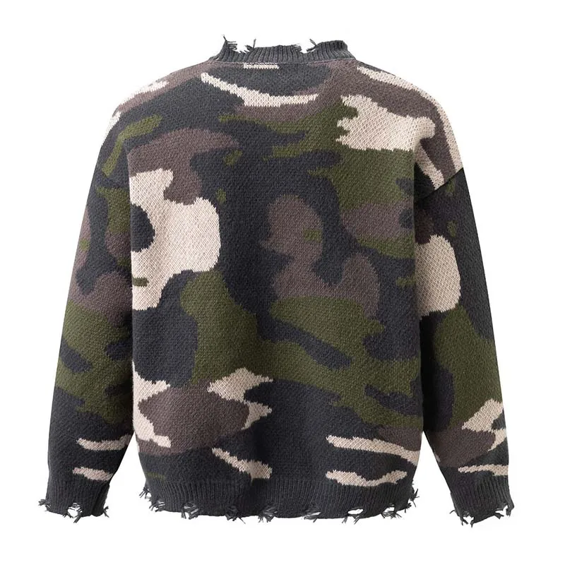 Hip Hop Camouflage Patchwork Knitted Sweater Streetwear Rock Style Pullover Tops For Male