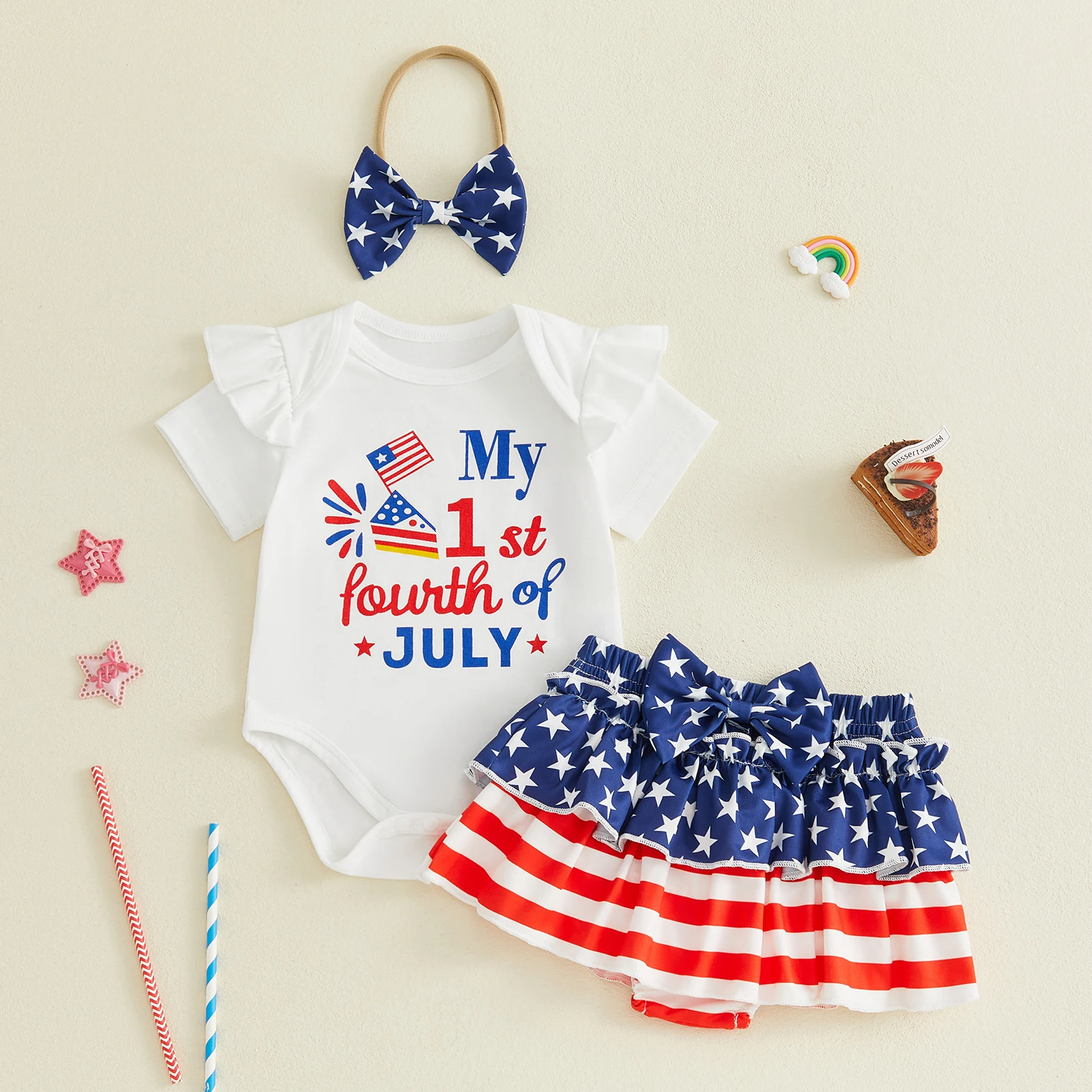 Baby Girl Independence Day Outfit Short Sleeve Letter Print Romper Star Pattern Tiered Shorts with Matching Headband