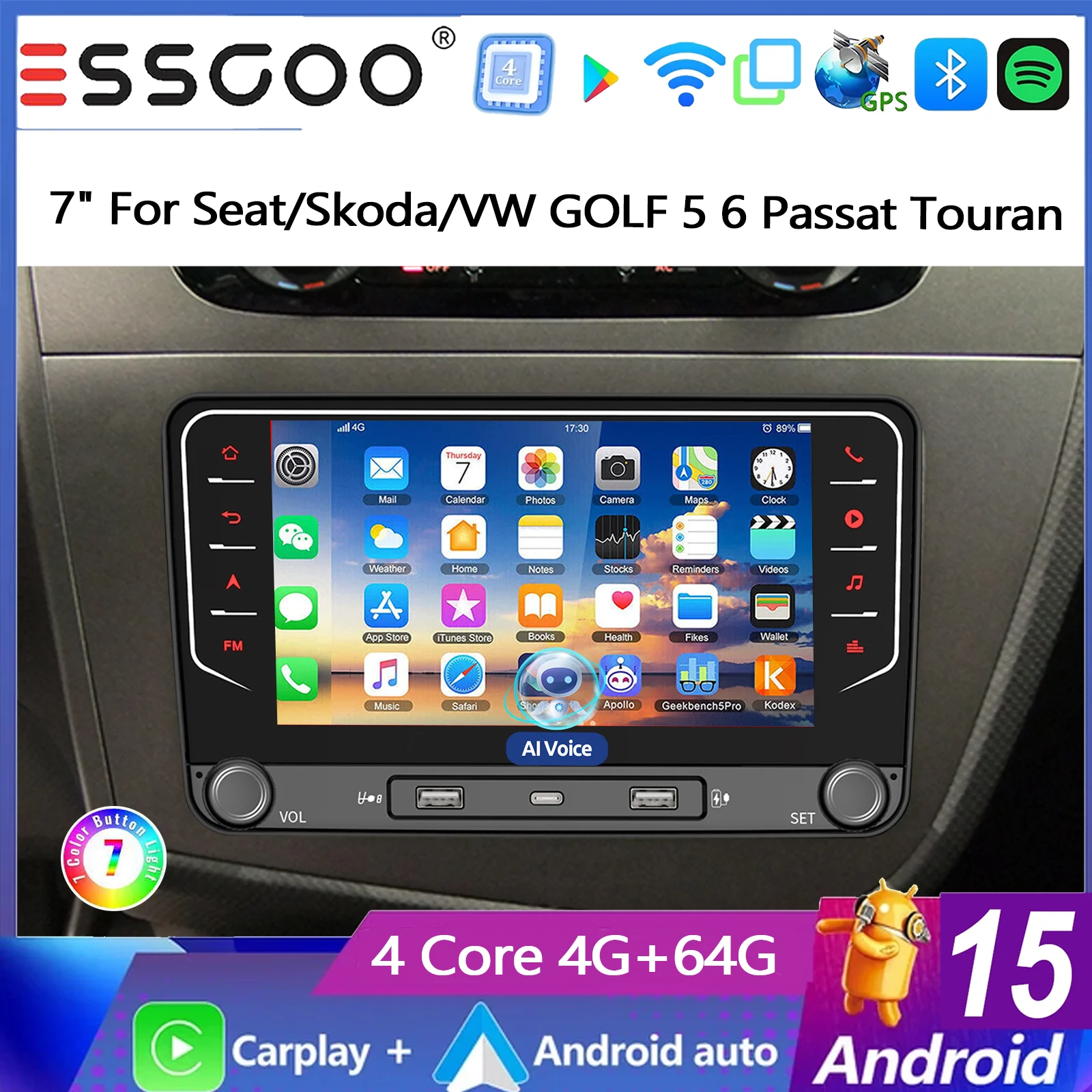 Essgoo 7 Zoll Android 15 4+64G für Skoda Seat VW Octavia Polo Caddy EOS Tiguan 6R Passat Jetta Golf Rabbit T5 Sharan Autoradio mit kabellosem Carplay, Android Auto, GPS-Navigation, RDS, FM, WLAN,