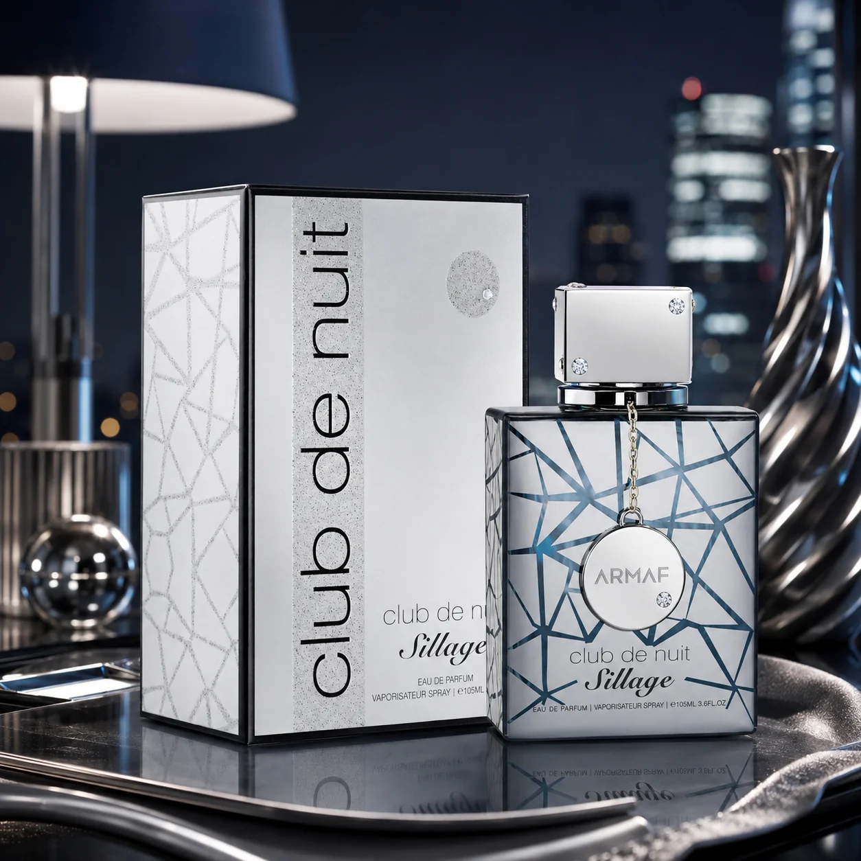 Club De Nuit Sillage Unisex Eau De Parfum Transparent Square Bottle Dark Blue Geometric Crack Pattern Crystal Inlaid Silver Cube Cap Hanging Silver Round Medallion Pendant Clean Fresh Woody Fragrance Long Lasting White Silver Geometric Matching Gift Box F view 3