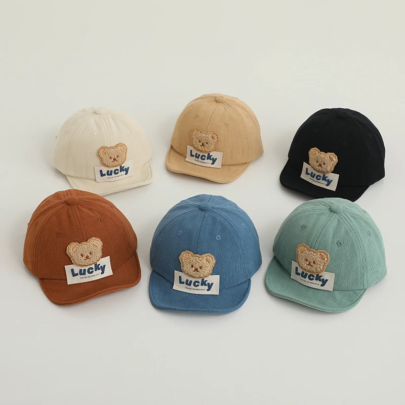 Korean Bear Baby Corduroy Baseball Hat Autumn Winter Toddler Soft Brim Peaked Cap Solid Color Cartoon Infant Boys Girls Bonnet