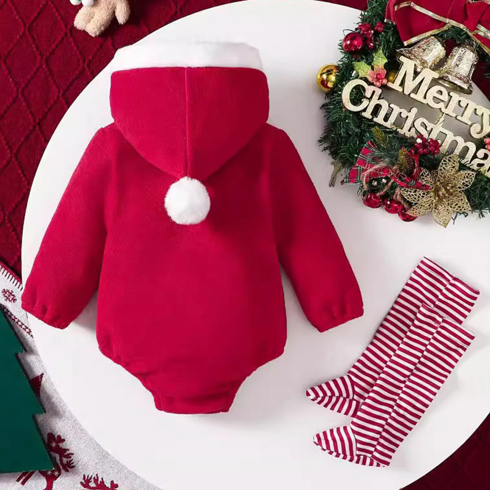 Newborn Baby Girl Boy Christmas Outfit Warm Long Sleeve Hooded Romper Bodysuit Stripe Leg Warmers Xmas Festival New Year Clothes