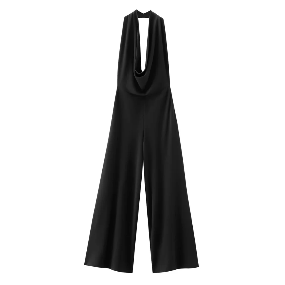 UNIZERA2024 Summer New Product Women\'s Temperament Sexy Open Back Hanging Neck Crepe Cloth Hanging Strap Wide Leg jumpsuit