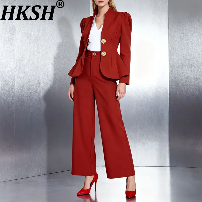 HKSH ربيع الخريف جديد المرأة قطعتين دعوى مجموعة الخامس الرقبة زرر الخصر Cinching السترة بلون مستقيم السراويل الاتجاه HK15195 #1