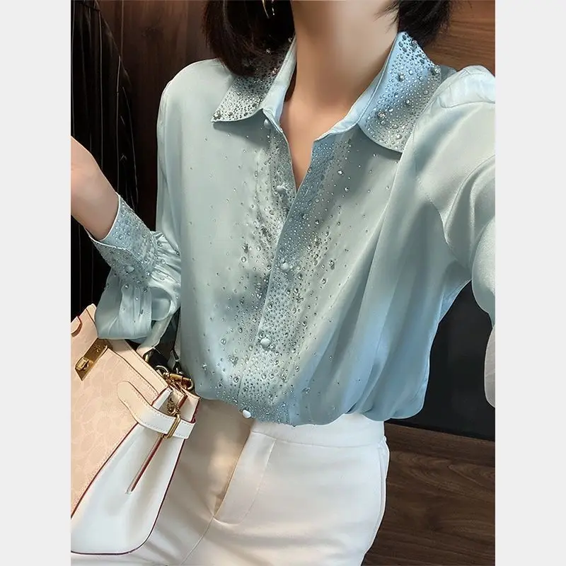 Spring Autumn Fashion Turn-down Collar Long Sleeve Solid Color Embroidered Flares Blouses Women\'s Clothing Simplicity Chic Shirt