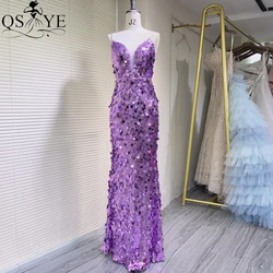 Big Sequin Purple Evening Dresses 2024 Sequined Full Mermaid V Neck Evening Gown Big Sequins Spaghetti Straps Formal Party Dress