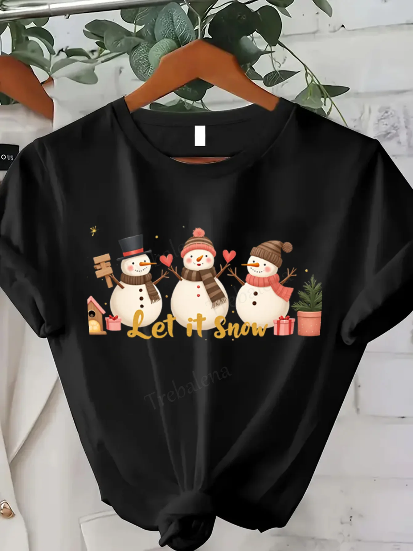 تي شيرت نسائي لطيف لرجال الثلج "Let It Snow" تي شيرت عيد الميلاد للنساء