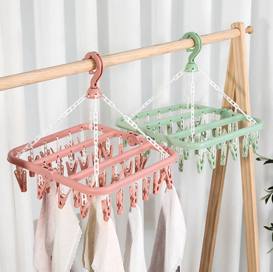 Home 32-Clips Laundry Drying Hanger - Foldable Rack for Socks & Underwear, Space-Saving Design