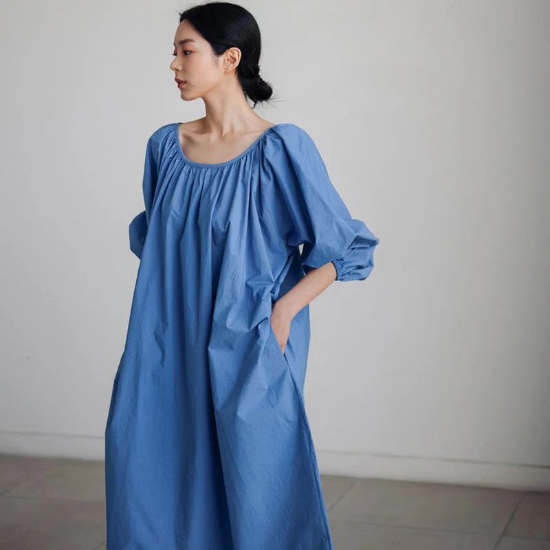 

New Sle Women's Loose Long Bubble Sve Dr Korean Version Casual Over-sized T Dr Ele Slimming A-Line Gown