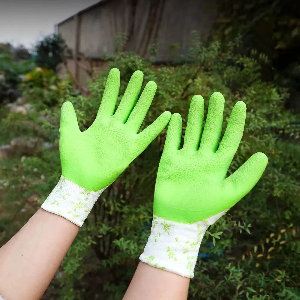 3Pairs الإبداعية تنفس البستنة قفازات مطبوعة خفيفة الوزن قفازات رغوة اللاتكس مقاوم للماء عدم الانزلاق العمل قفاز للنساء