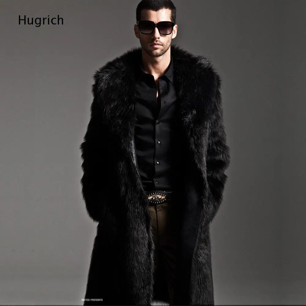 Men Black Shaggy Faux Fur Mid-Length Coat Wide Notched Lapel Open Front Fluffy Winter Jacket