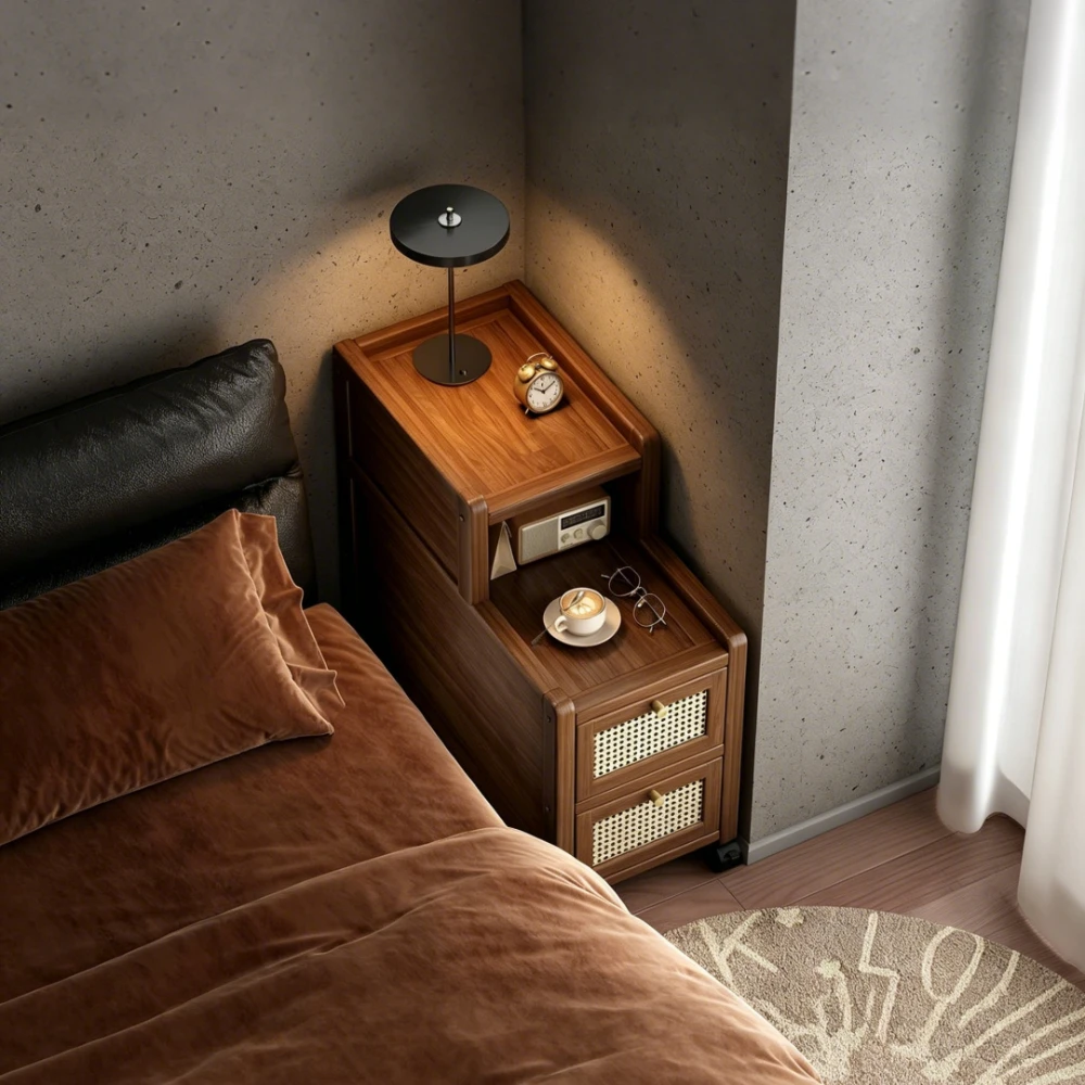 Modern Narrow Bamboo Bedside Tables for Bedroom Furniture Rattan Bedside Storage Tables Simple Design Bedside Cabinets Shelfs