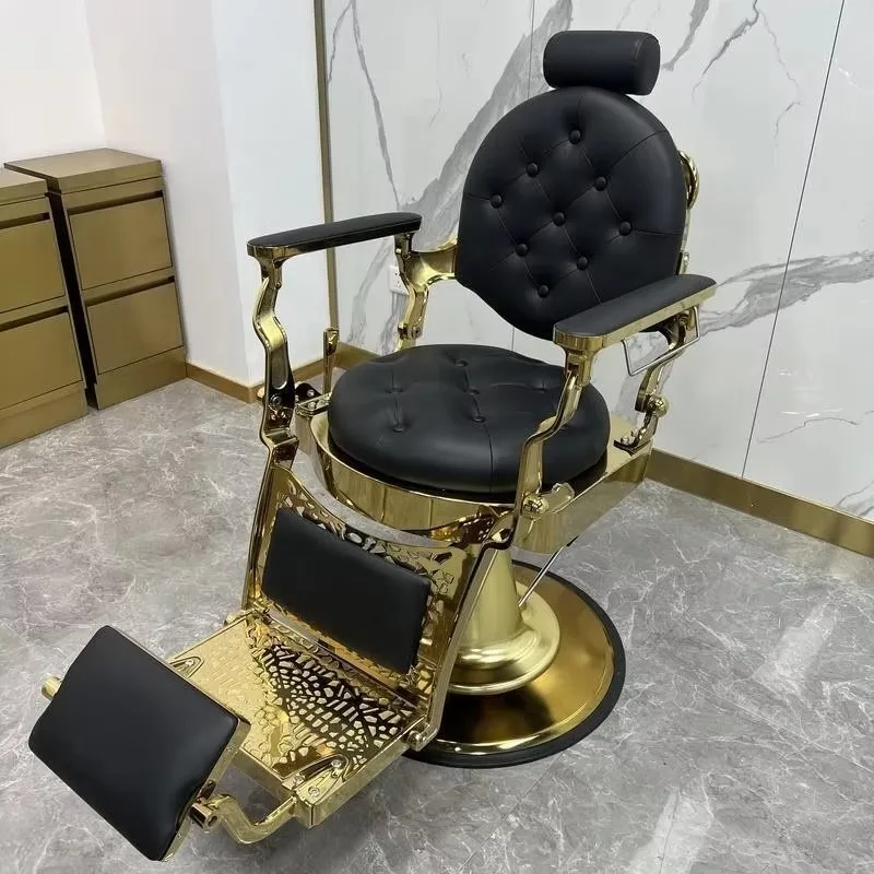 

2026 Luxury Gold Metal Barber Chair Large Pump Reversible Location Leather Color Logo Suitable for Barber Shop