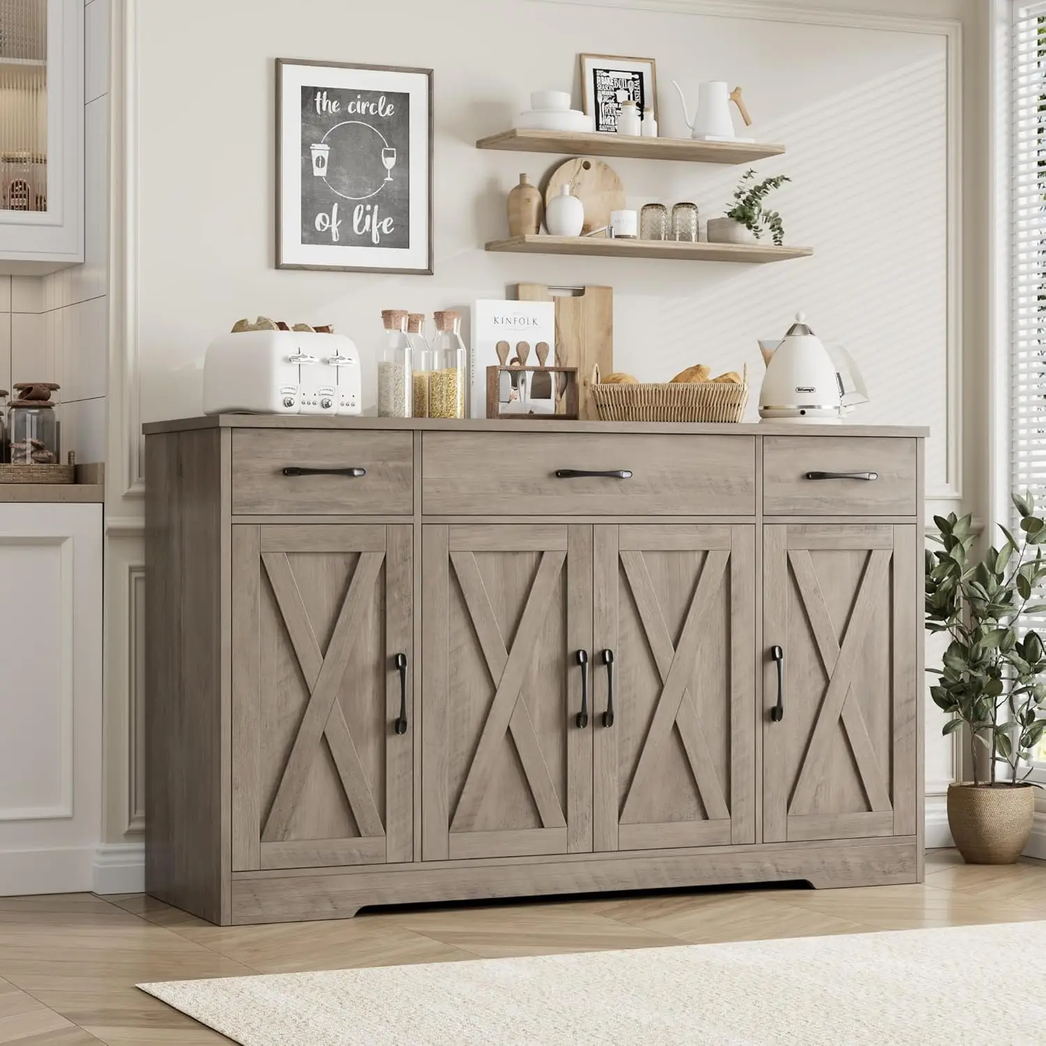 55' Buffet Sideboard Cabinet with Drawers & Shelves, Modern Farmhouse Coffee Bar in Ash Grey