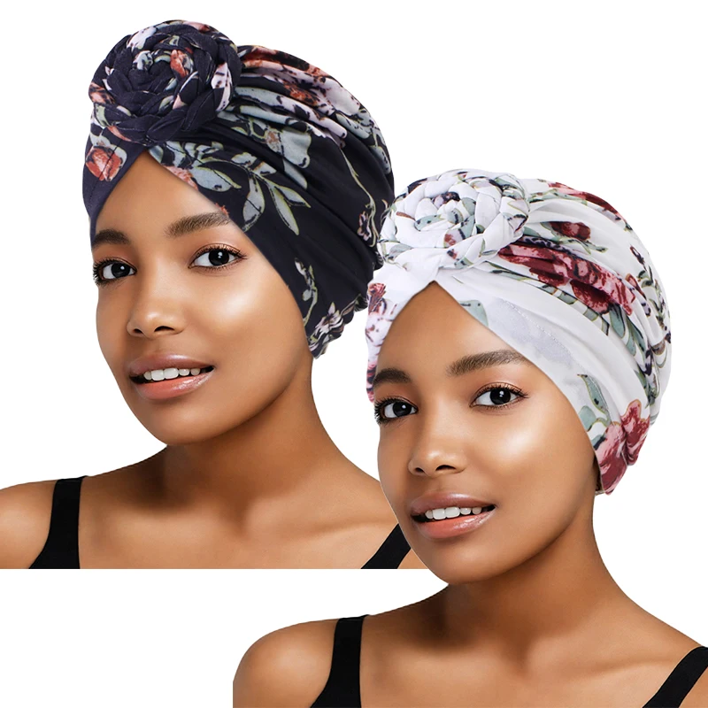 2PCS/LOT Muslim Turban Hat Women African Twist Knot Flower India Hat Beanie Hijab Bonnet Headscarf Bandanas Head Cover Wrap Hat