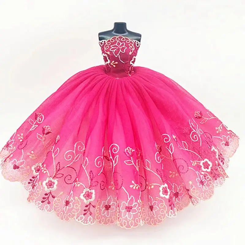 

Hot Pink Floral Lace Wedding Dress 1/6 Doll Clothes For Barbie Outfits Princess Party Gown 1:6 Dollhouse Accessories Kids Toys