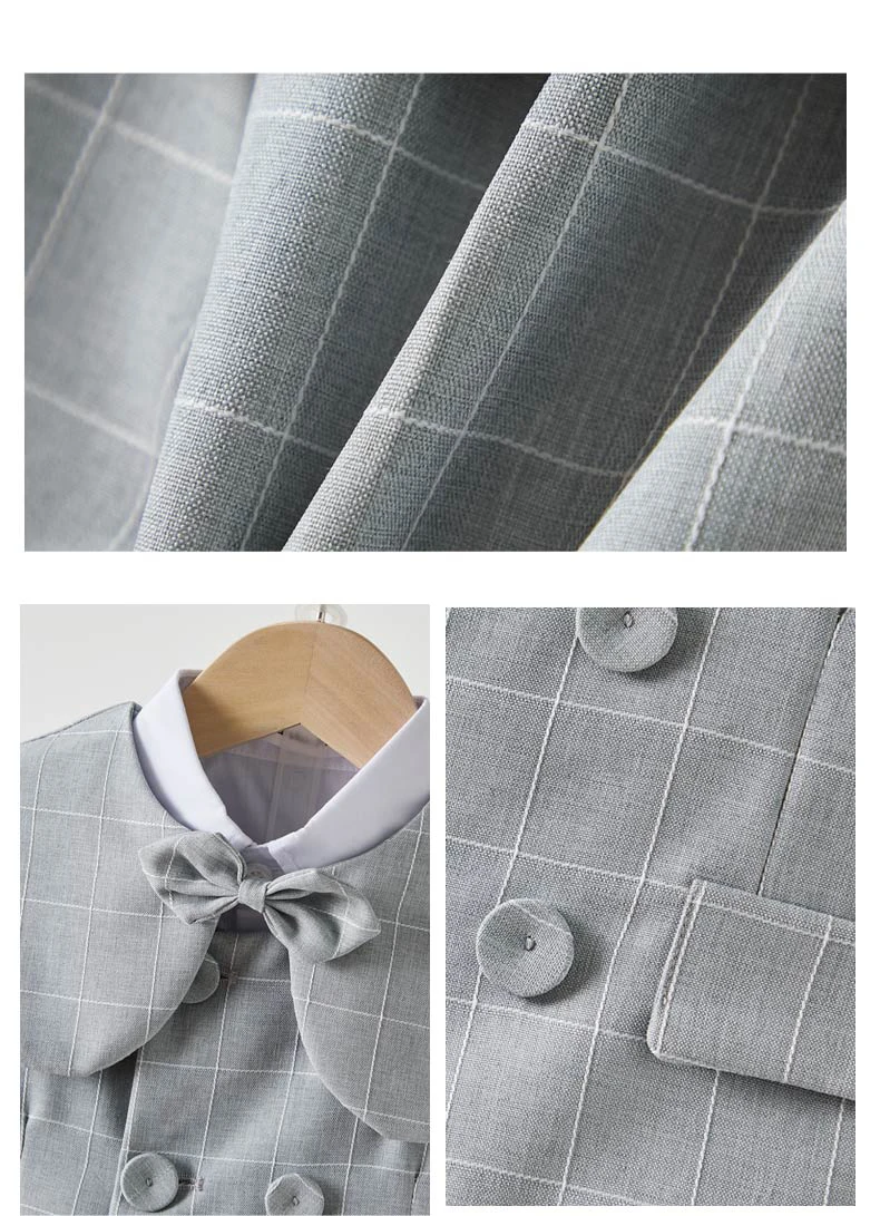Grauer Karierter Kleinkind-Jungen Anzug Weißes Hemd Sommer Dünne Leinenweste Shorts Fliege Kinder Hochzeit Taufe Formelles Kostüm-Set – Detail 4