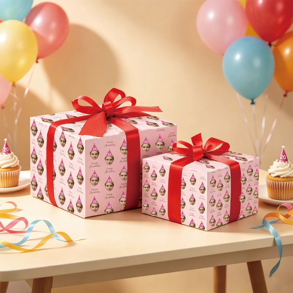 3pcs Custom Face Birthday Hat Wrapping Paper, Repeat Portrait Print Gift Wrap for Girls Kids Birthday Present Packaging
