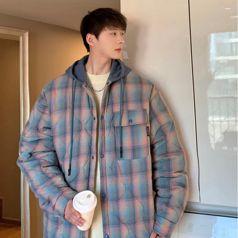 Men Hooded Plaid Winter Jackets Harajuku Coats Long Sleeve Basic Casual Thicken Warm Outwear