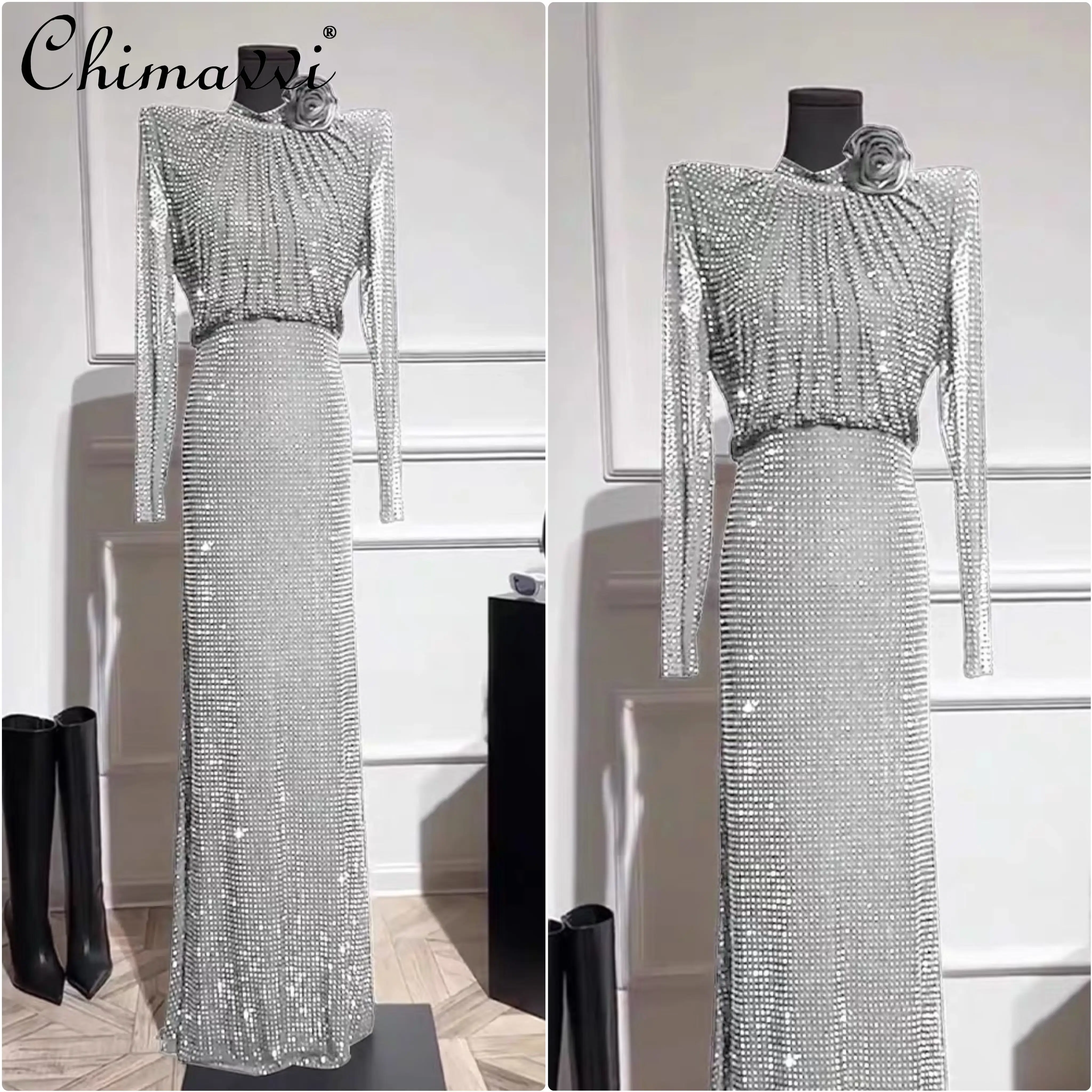 

High-end Heavy Rhinestone Elegant Mermaid Dress 2025 Autumn New Fashion Sexy Long Sleeve High Waist Party Women's Long Dress