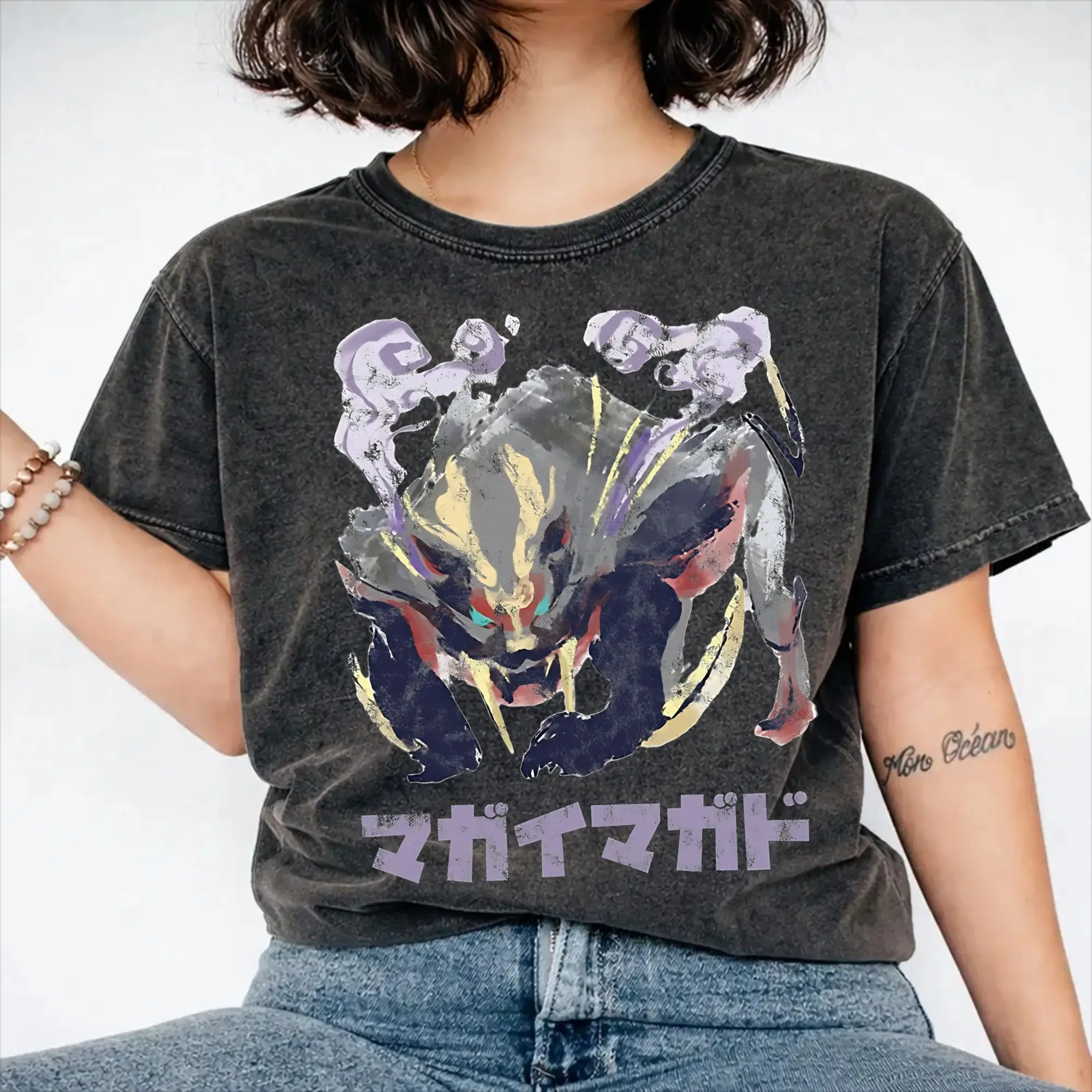 Monster Hunter Rise Magnamalo Kanji Icon Outfit Washed T Shirt Men Women Streetwear Hip Hop T-Shirt Graphic  Tees Short Sleeve