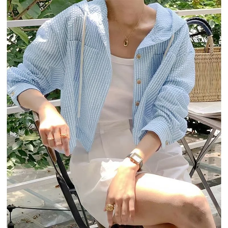 Summer Women Stripe Long Sleeve Hoodie Pocket Blouses Korean Casual Sweet Loose Short Coat Office Lady\'s Jacket Chic Elegant Top