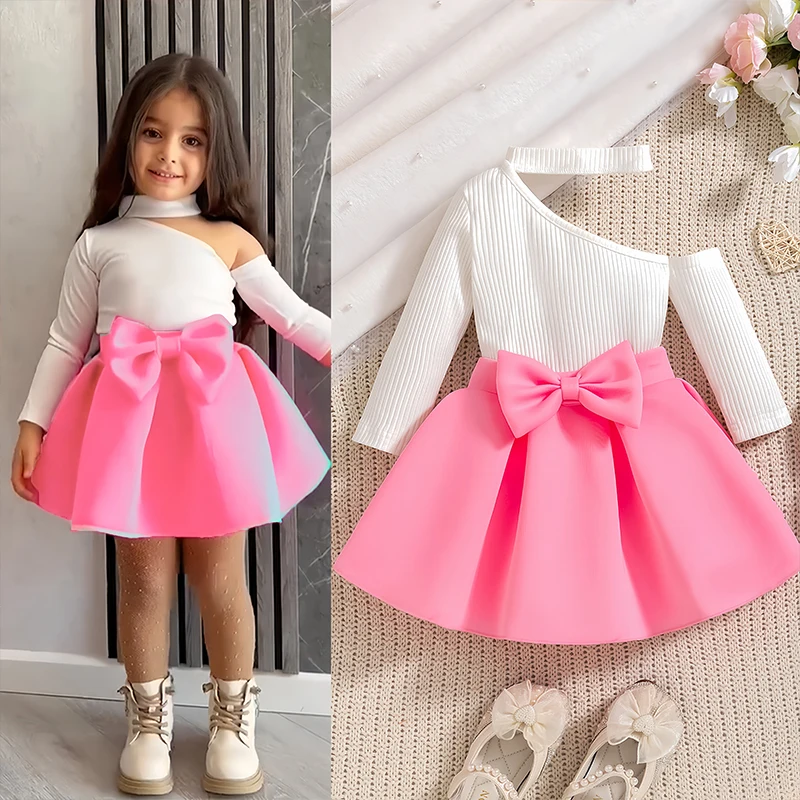 Baby Girls Clothes New Year Set 0-4Years Long Sleeve Big Bow Top Pink Half Skirt 2Pcs Toddler Girl Clothing Autumn Party Sets