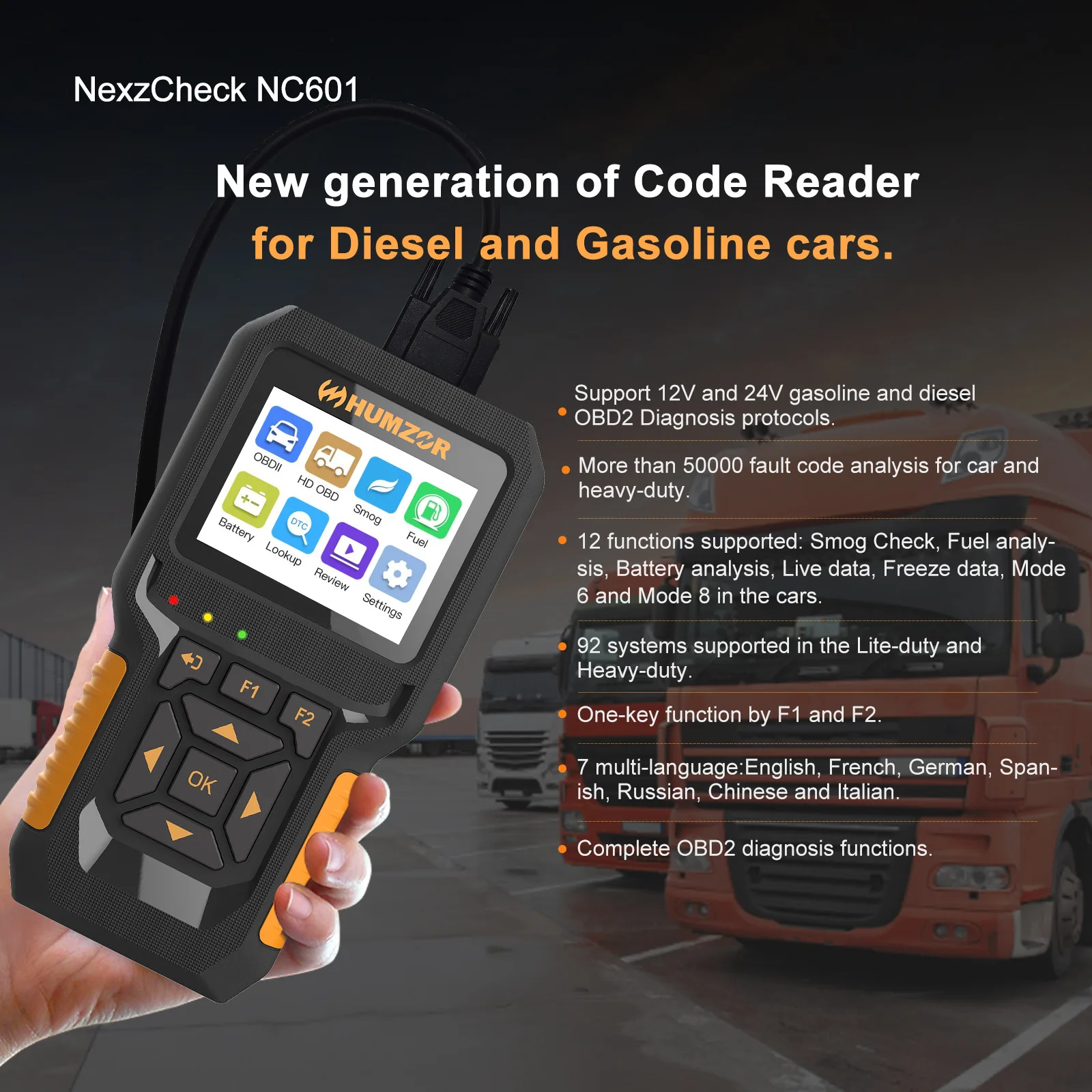 HUMZOR NC601 12V/24V Heavy Duty Truck OBD2 Scanner Car Diagnostic Tool Car Check Engine Code Reader Fuel Analysis Battery Test