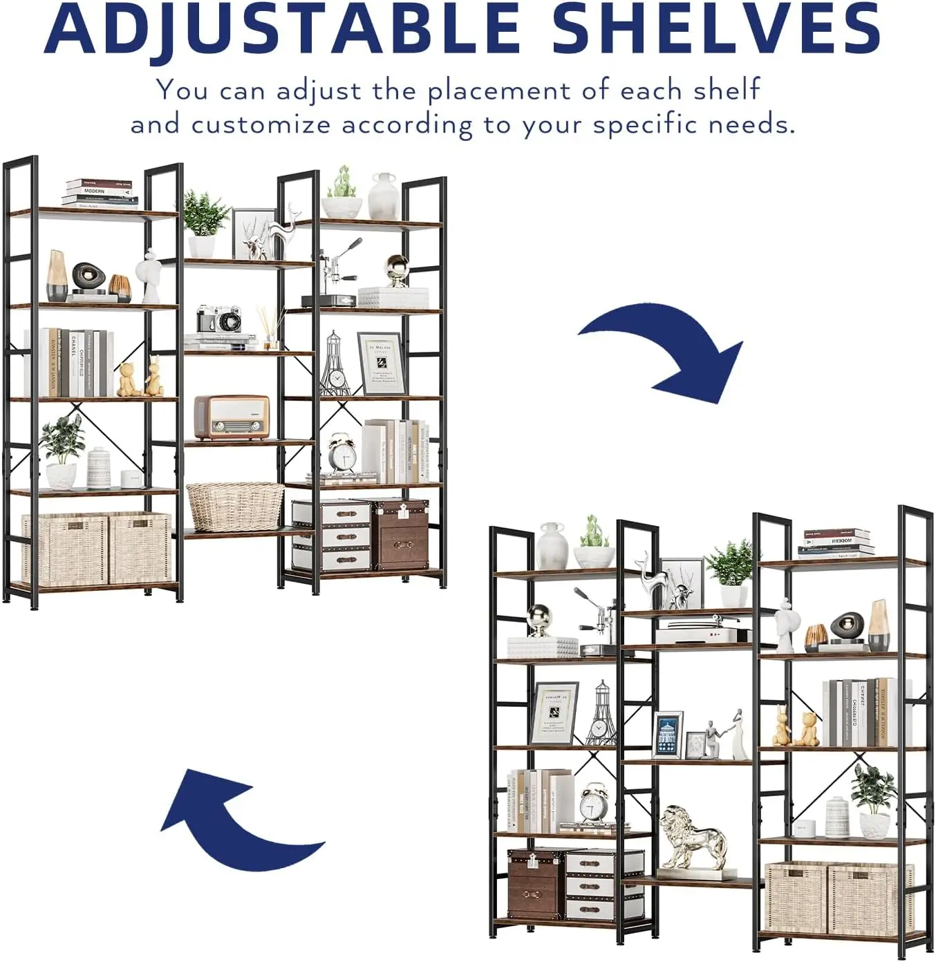 5 Tier Bookshelf, Rustic Industrial Style Bookcases with 14 Open Display Shelves, Modern Tall Bookcase Furnit