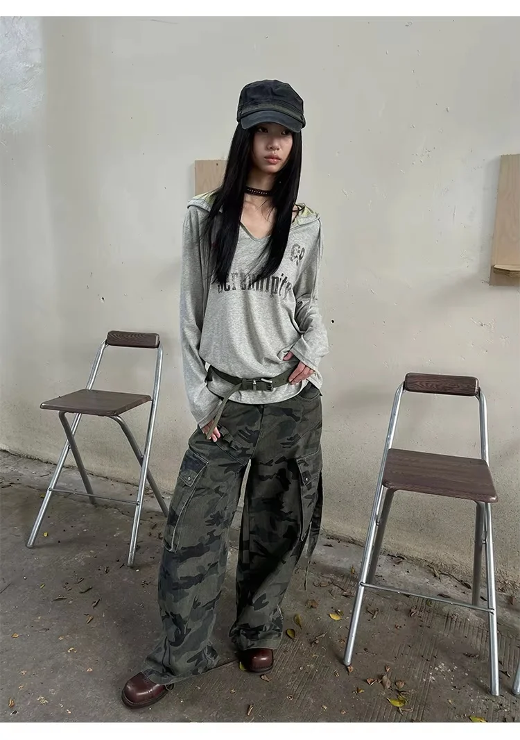 Damen Y2K Vintage Kapuzen-Langarm-T-Shirt mit V-Ausschnitt, Buchstaben- und Sternen-Print, lockerer Hoodie mit Kordelzug, Streetwear-Tops – Detail 8