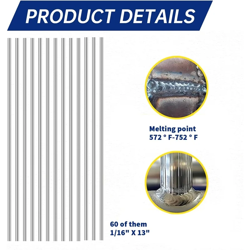 B84B-قضبان لحام ألومنيوم ذات درجة حرارة منخفضة 60 قطعة - 1/16 بوصة × 13 بوصة أعواد لحام منخفضة الذوبان (572 ° ف إلى 752 ° F)، ليس لحام القوس #6