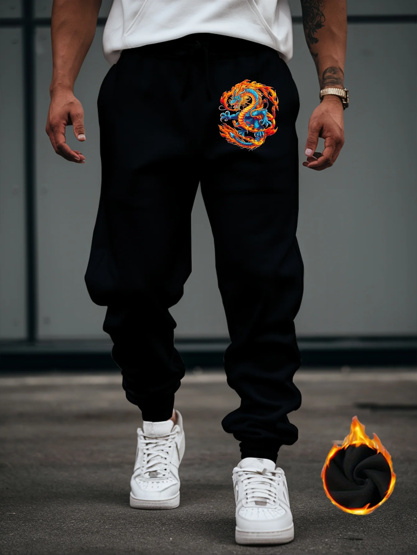 Legend‑tinged Vibrant Flame Oriental Dragon Graphic Print Soft Men Sweatpants Hip Hop Sports Jogger Trousers