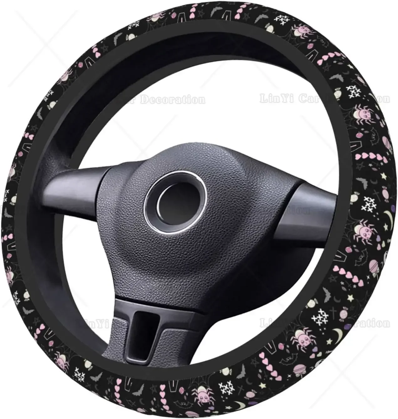 Pink Cute Spider Steering Wheel Cover Universal 15 Inch Skull Bats Car Accessories Protector for Women Men Fit Most Vehicles