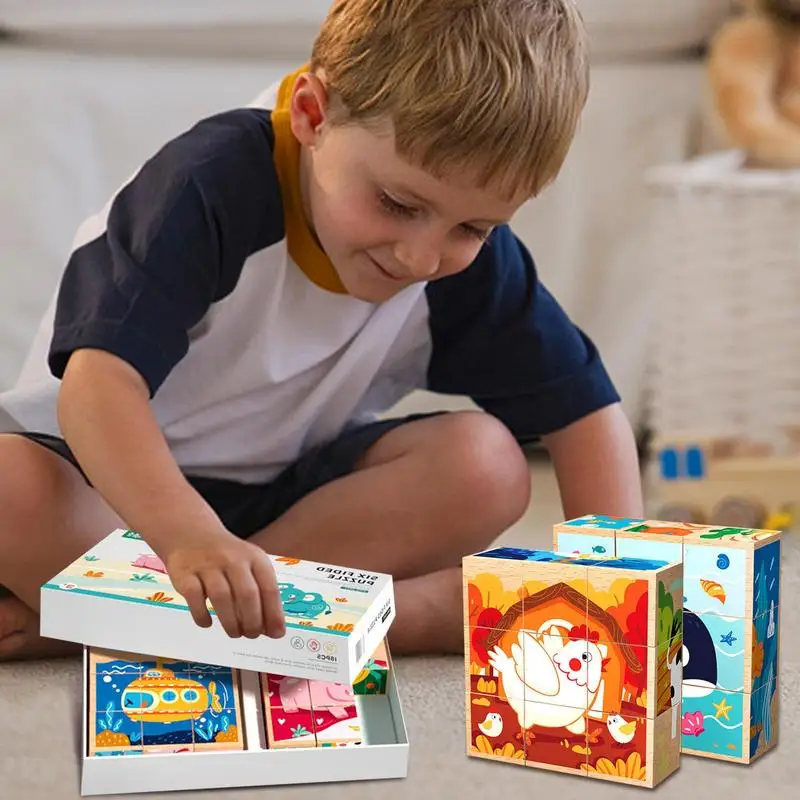 Rompecabezas de bloques de animales, bloques de patrón 3D, rompecabezas de bloques de madera de 6 caras, juegos de aprendizaje Montessori para niños pequeños, juguetes educativos interactivos