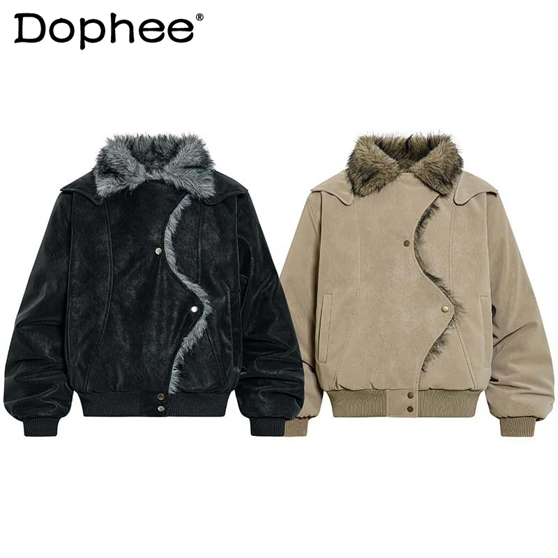 

2025 Winter New Fashion Long Sleeve Coats Trendy High Street Splicing PU Leather Creative Lapel Jackets Men Women Comfort Parkas
