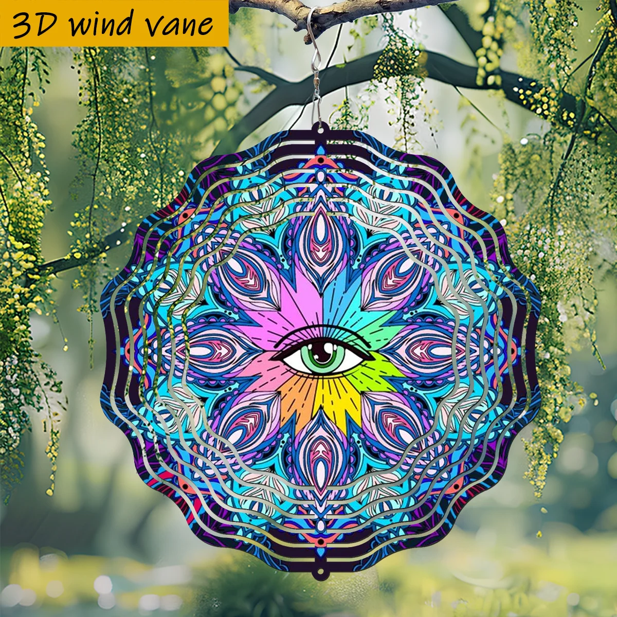 Double-Sided Metal Mandala Spinner, 10x10in Outdoor Garden Decor with Rotating Eye Design Hook for Patio Yard Art