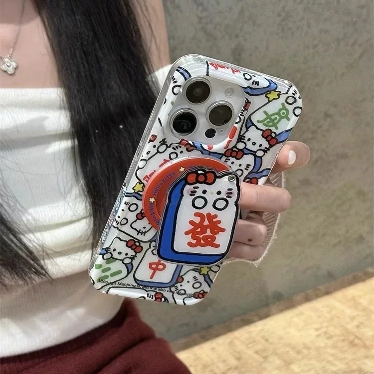 Cute Creative Mahjong Hello Kitty Magsafe Wireless Charge Case For iPhone 16 15 14 13 Pro Max Mahjong KT Mirror Magnetic Holder